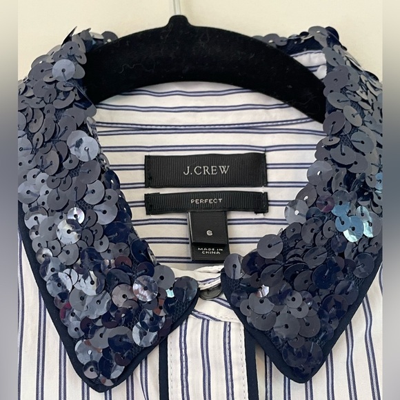 J.Crew The Perfect Shirt Stripe Sequins Collar Navy Sz 6 Cotton Holiday Party - Picture 4 of 13